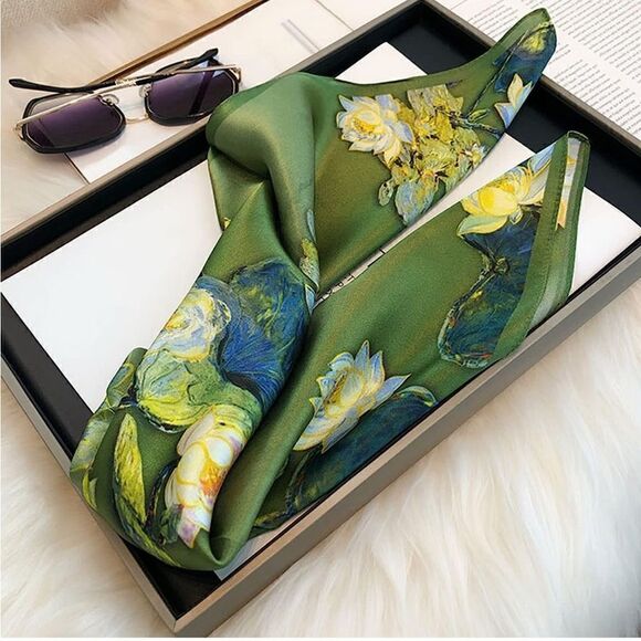 Olive floral Silk Scarf main image 5